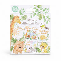 Pack of 28 baby milestone cards with animal illustrations on a white background
