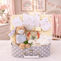 Baby gift basket with plush toys, socks, and a card in a star-patterned suitcase.