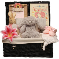 Flopsy Bunny luxury baby girl hamper in black wicker basket with soft toys, keepsake photo frame and pink baby gifts