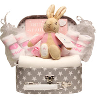 Baby girl suitcase hamper with Flopsy Bunny, keepsake plaque and newborn essentials
