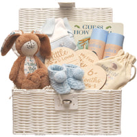 Baby Gift Basket With A Little Nutbrown Hare, Books, and Milestone Cards in a White Basket.