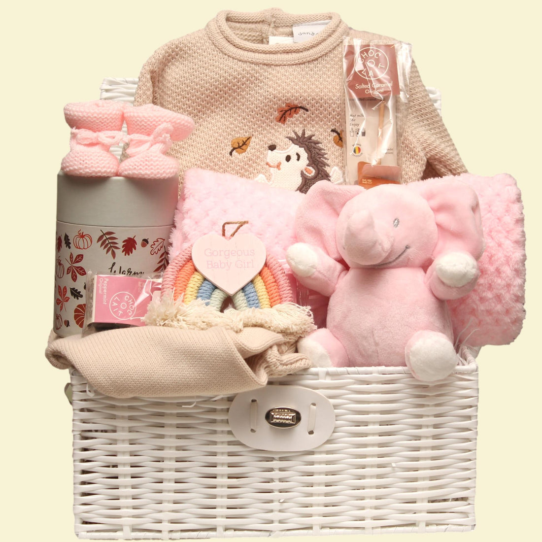 Baby girl elephant hamper with essentials for newborns