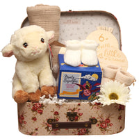 Luxury baby girl gift hamper with lamb soft toy, newborn baby gifts and treat for mum
