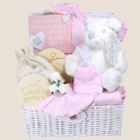 Luxury baby girl gift hamper in white wicker basket with pink baby clothes, teddy bear and keepsake items, perfect newborn baby gift or baby shower present
