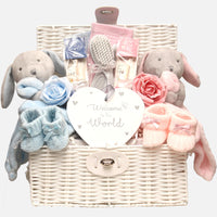 Premium twin newborn gift hamper with matching baby booties and comforters UK delivery