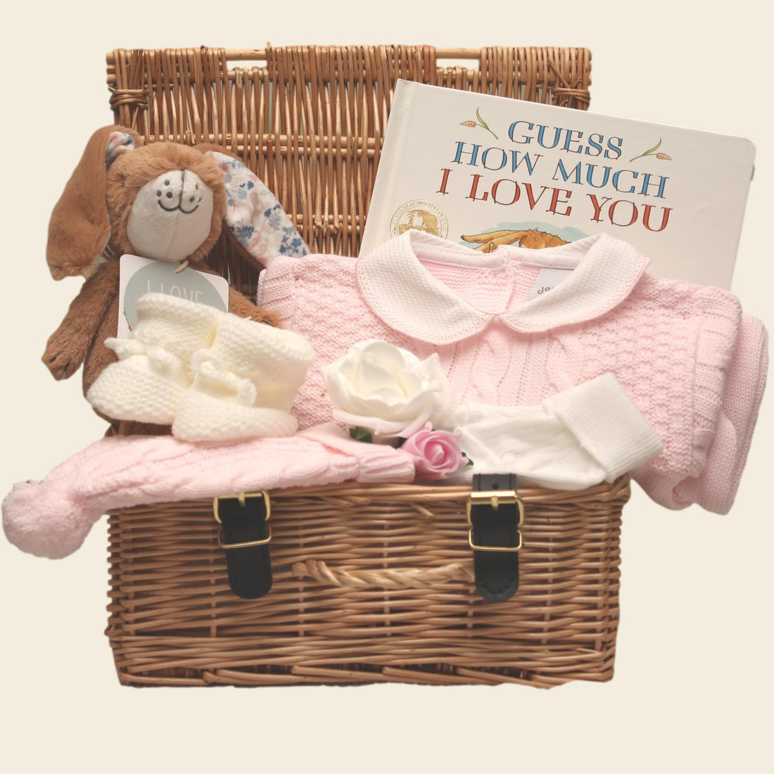 Guess How Much I Love You,Baby gift basket with pink outfit, plush toy, and book