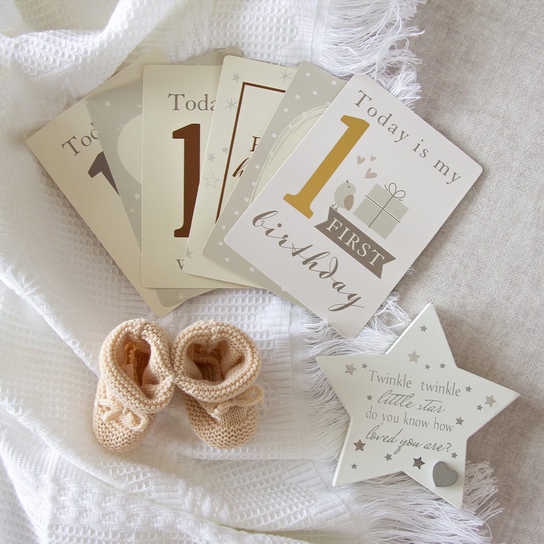 Milestone Cards Beige Booties Twinkle Mantle Plaque