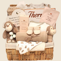 Neutral newborn baby gift hamper with teddy toys, baby blanket and keepsake plaque