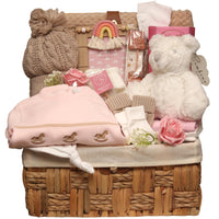 baby girl hamper with baby clothes and gifts for the new mum