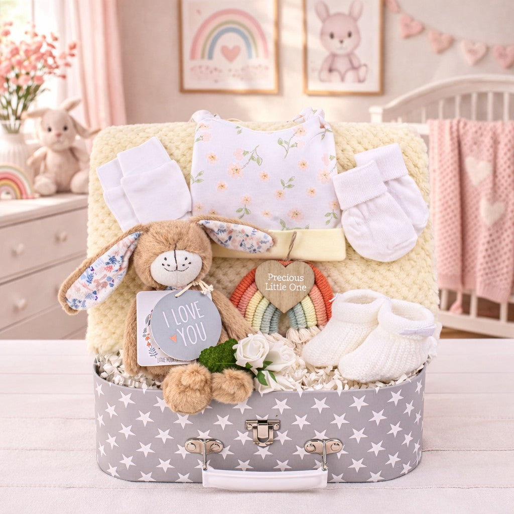Baby gift basket with plush toys, socks, and a card in a star-patterned suitcase.