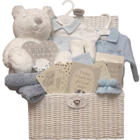 Baby boy gift hamper with giant white bear and luxury clothing