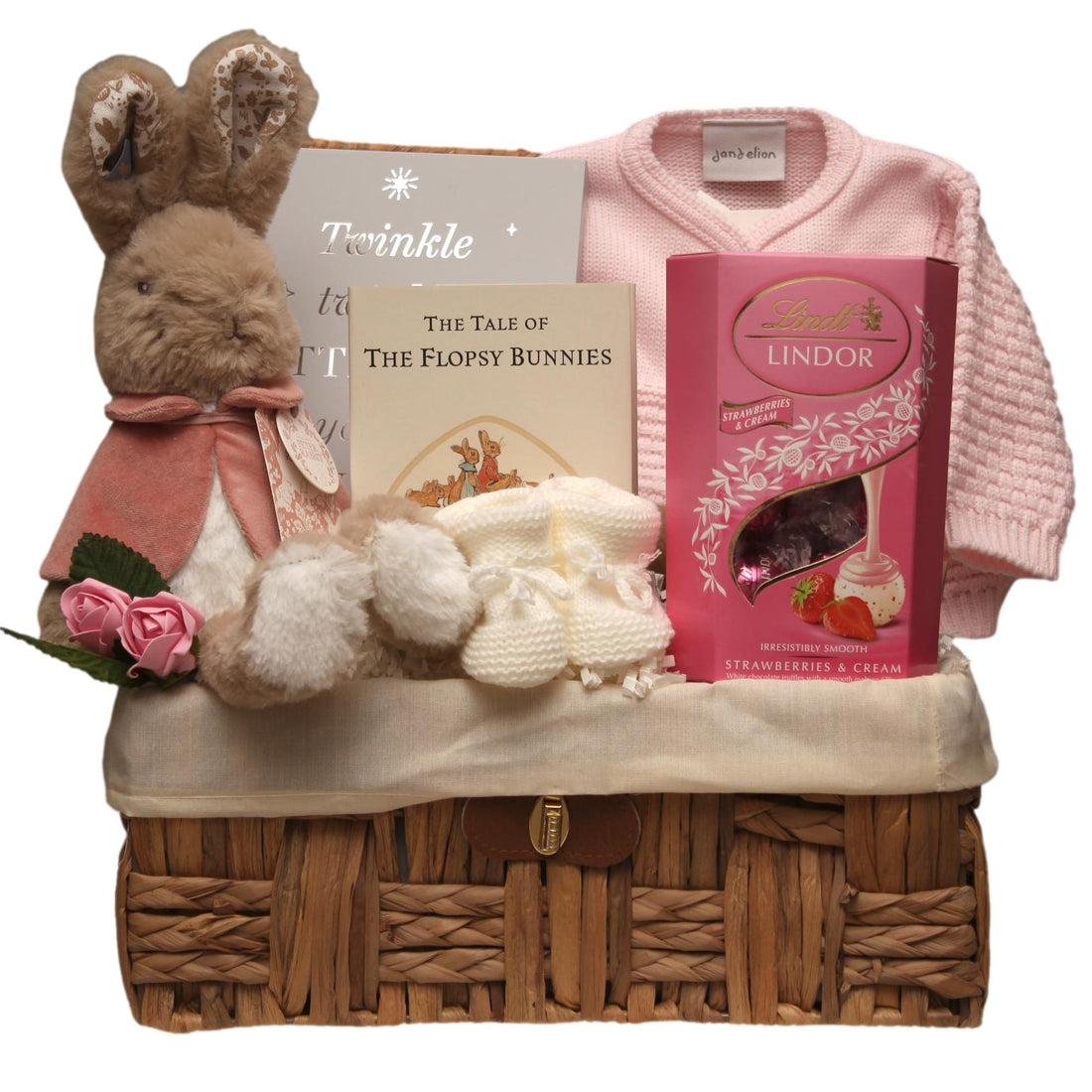 baby girl gift hamper with luxury flopsy rabbit and chocolates