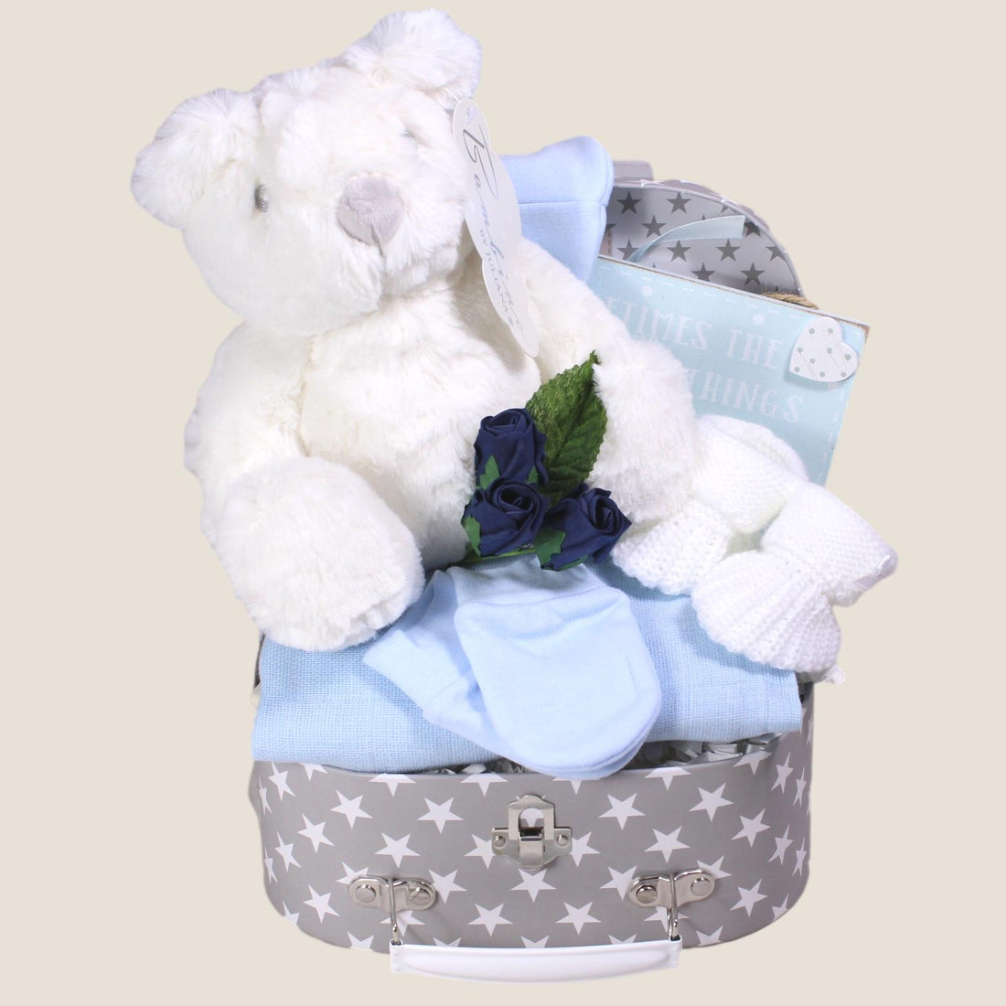 Luxury baby boy newborn gift hamper with teddy bear, blue baby clothes and keepsake items 