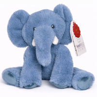 Blue plush elephant toy with a tag on a white background