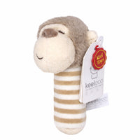 Plush toy with a striped handle and a tag on a white background