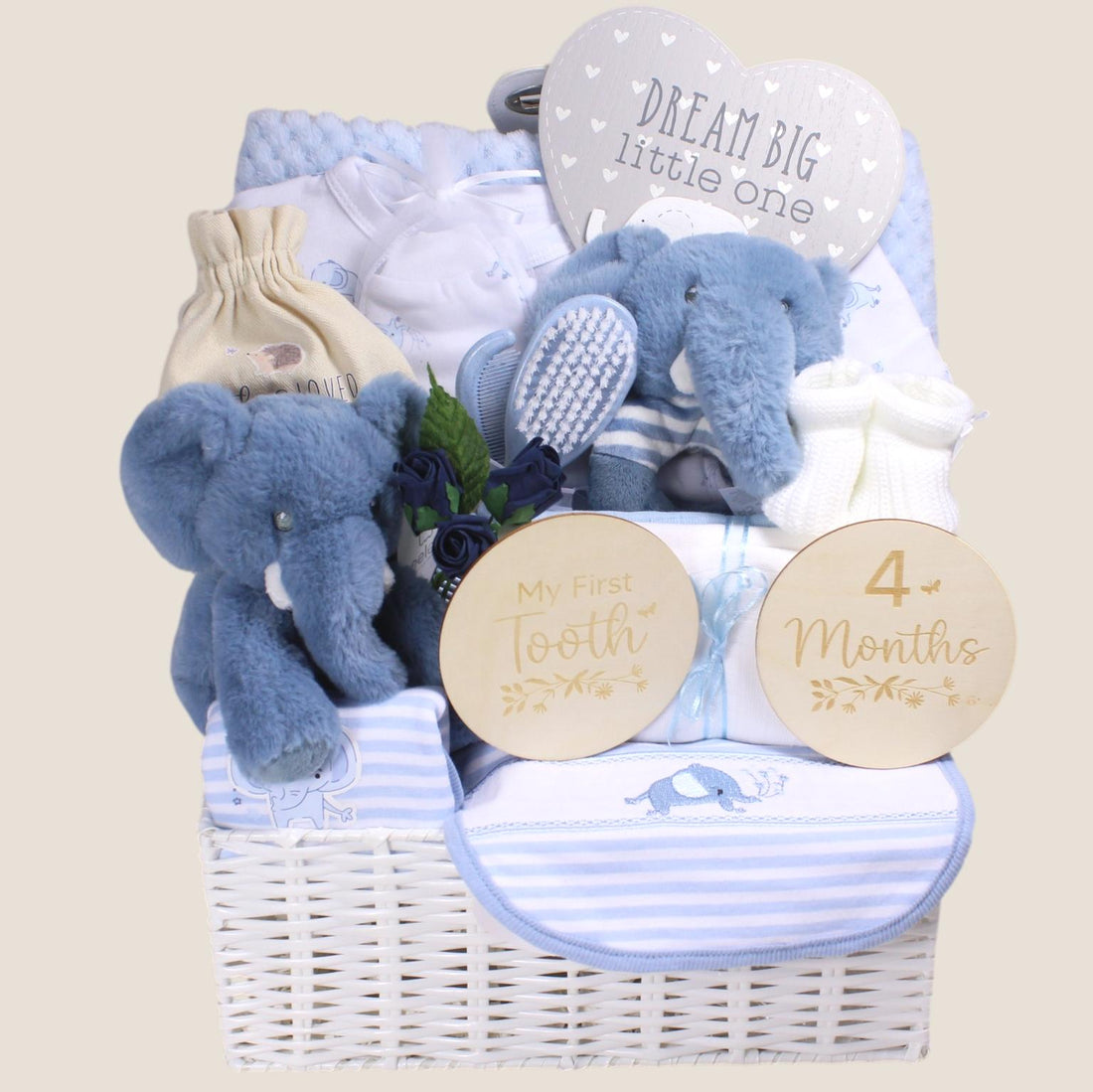 Luxury baby boy hamper with blue elephant soft toys, newborn clothing, baby brush set, milestone cards and keepsake gifts in white basket