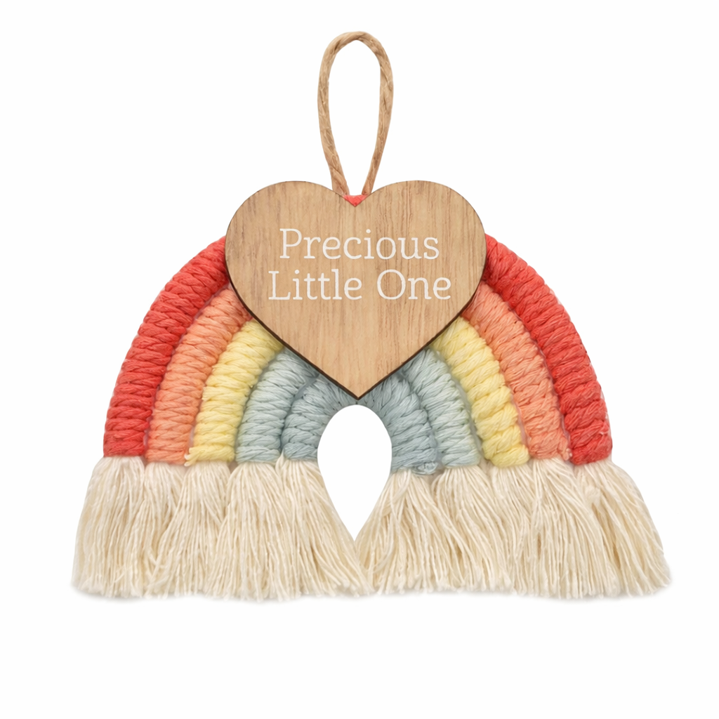 Decorative rainbow with a wooden heart and 'Precious Little One' text 