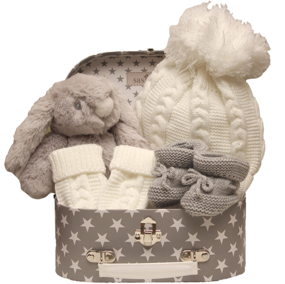 Baby Gift Set With Plush Bunny, Knitted Hat, And Booties In A Star-Patterned Box.
