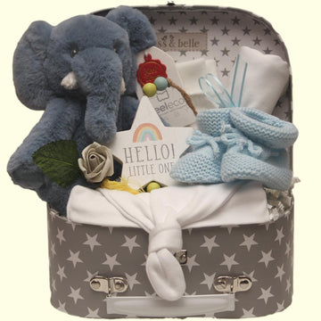 Baby gift suitcase featuring ezra the elephant and newborn essentials 