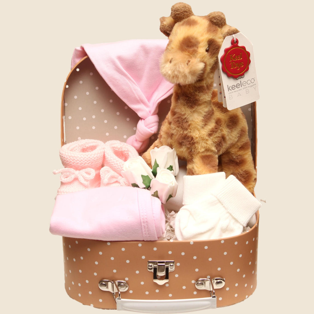 Luxury baby girl gift hamper with Keel giraffe soft toy in keepsake suitcase, perfect newborn baby shower gift with next day delivery.