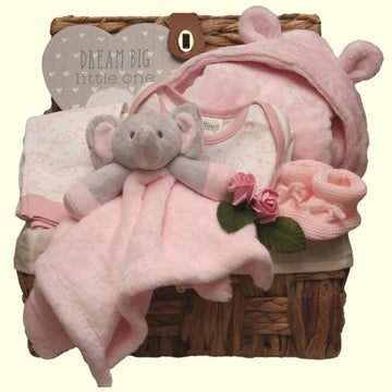 Baby girl gift hamper with pink elephant pyjamas and dressing gown. 