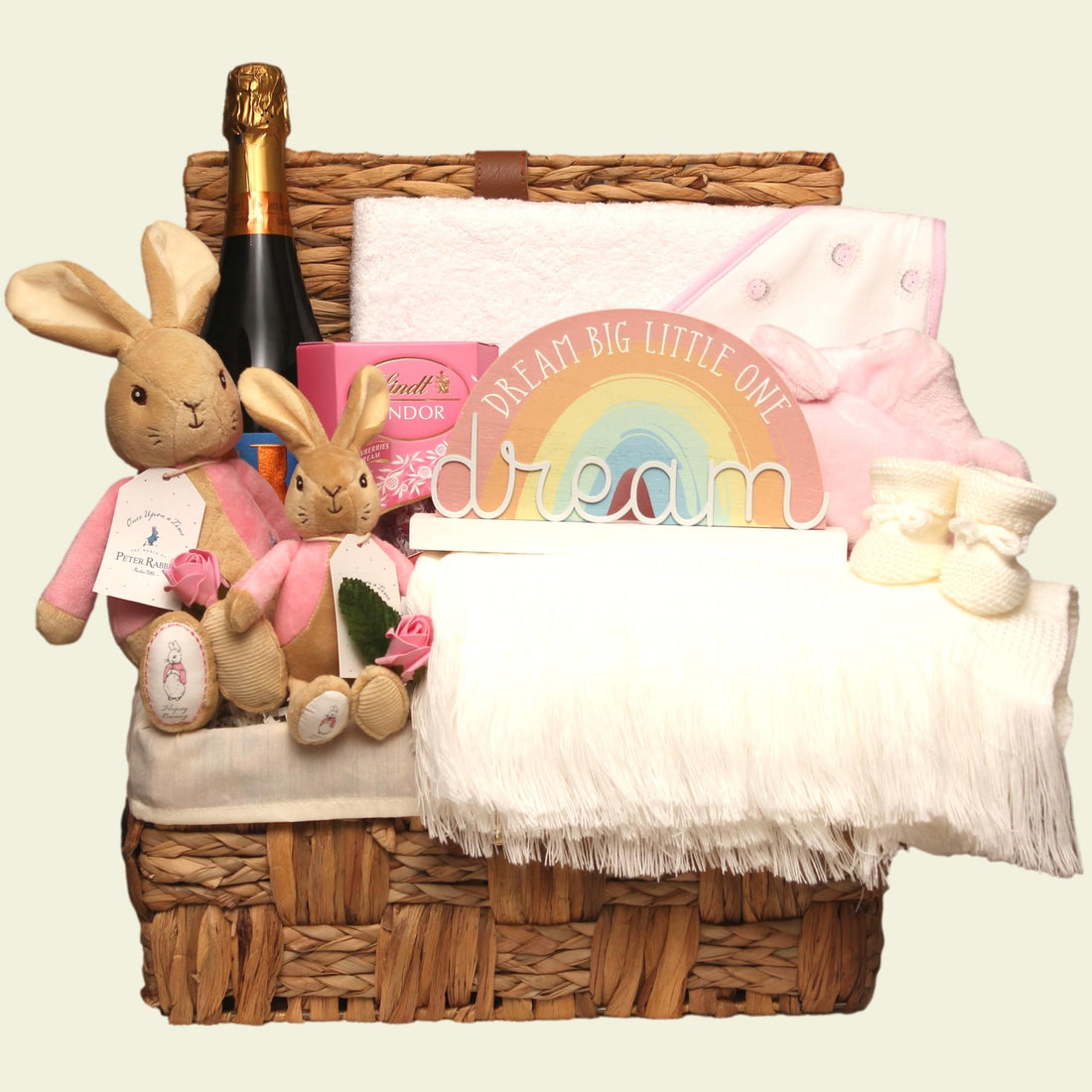 Baby girl hamper with flopsy and gifts for the parents 