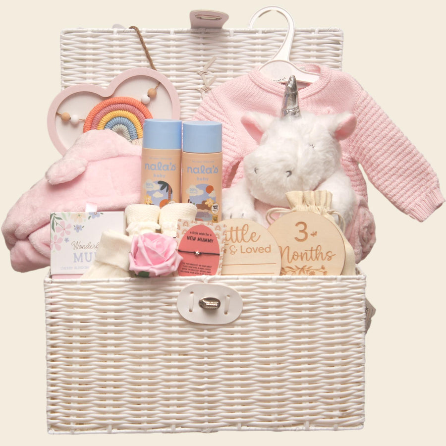 Baby Girl Unicorn Hamper With Clothing And Essentials For A New Baby