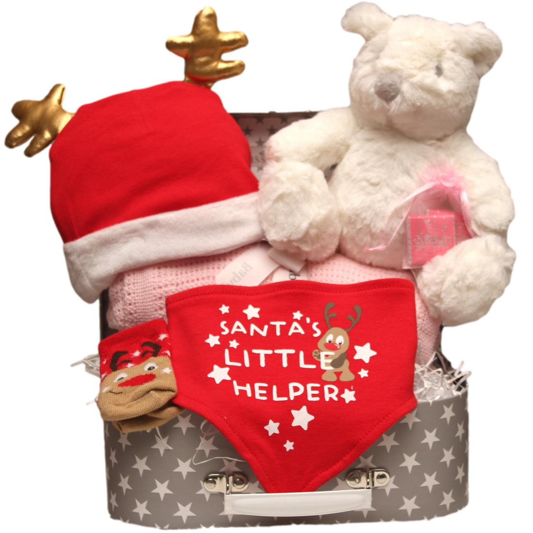 Christmas Baby Gift Hamper With Plush Polar Bear, Red 'Santa's Little Helper' Outfit, Festive Hat, And Star- Print Keepsake Box