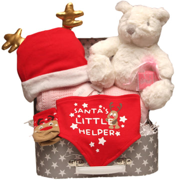 Christmas Baby Gift Hamper With Plush Polar Bear, Red 'Santa's Little Helper' Outfit, Festive Hat, And Star- Print Keepsake Box