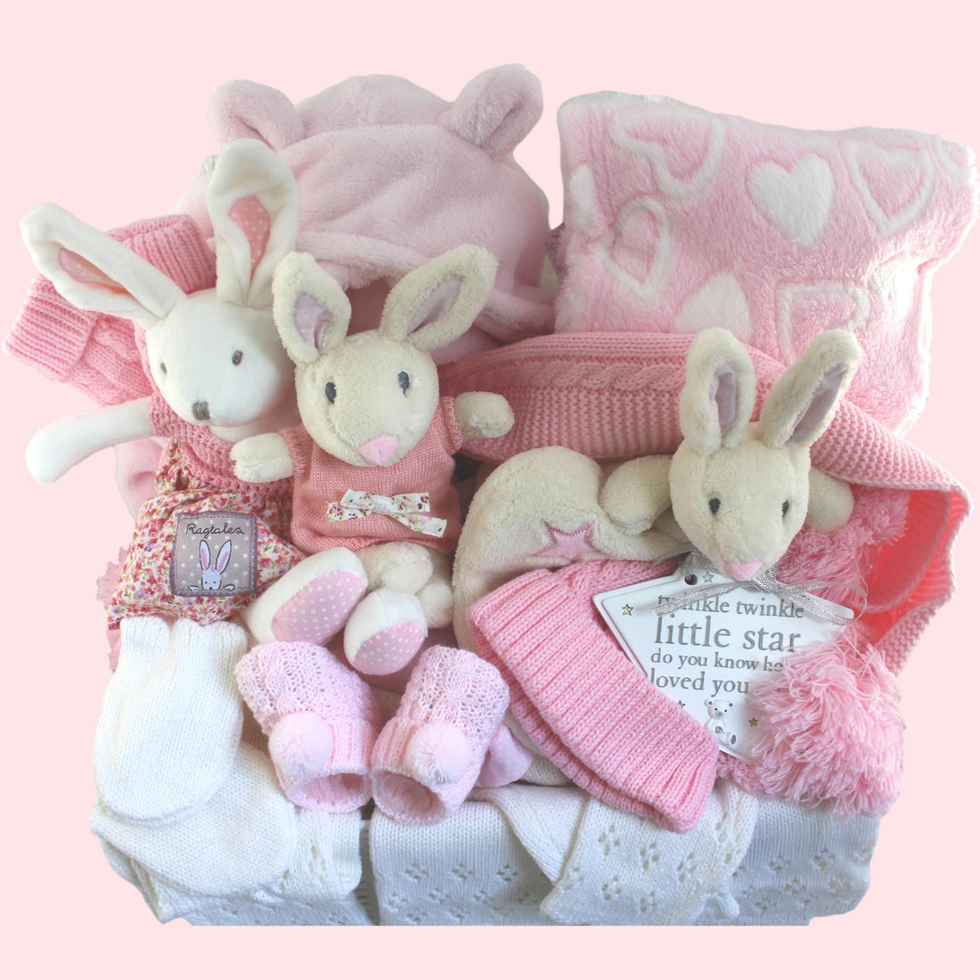 Deluxe Baby Girl Gift Basket Three Little Bunnies