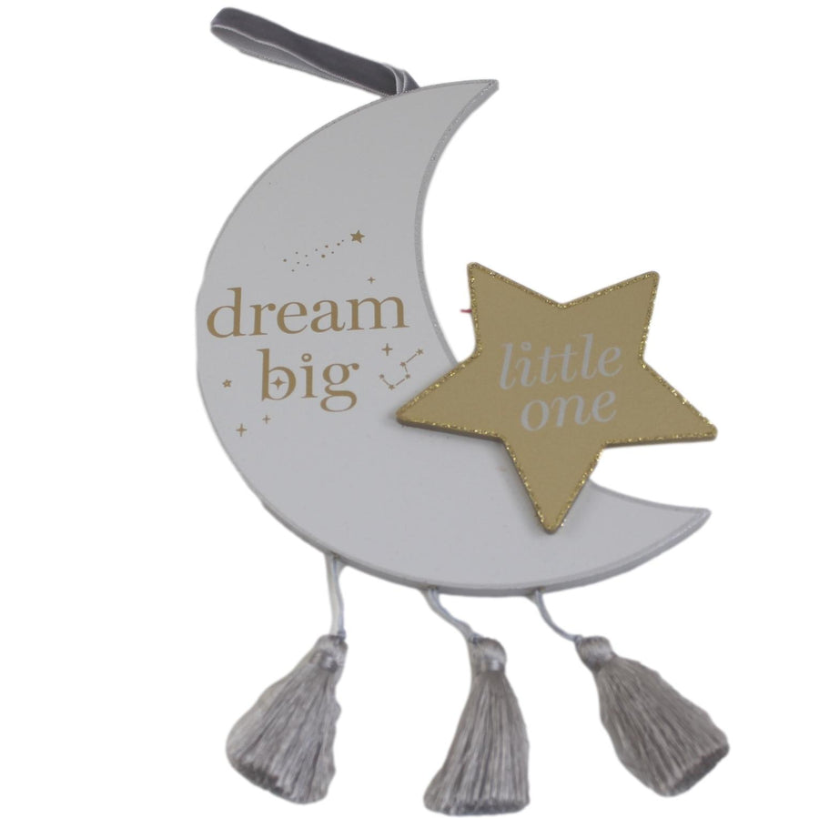 Dream Big Little One Silver and Gold Wooden Hanging Baby Keepsake Plaque