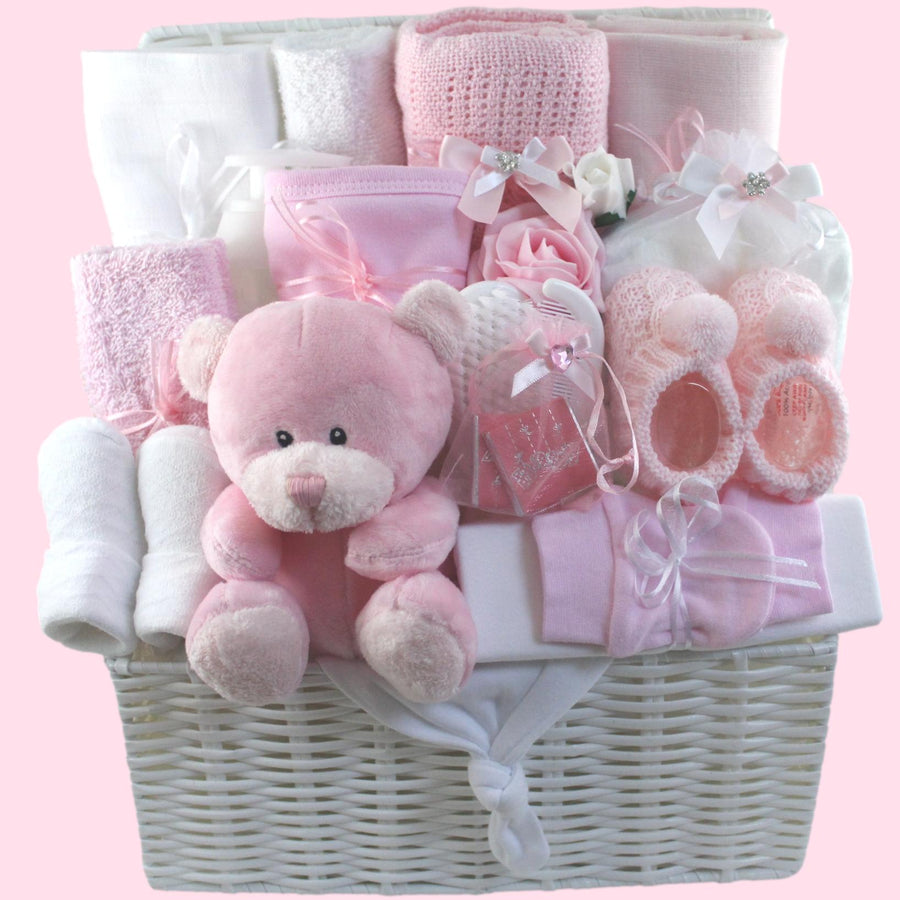 Hospital Essentials Baby Girl Gift Basket with First Teddy