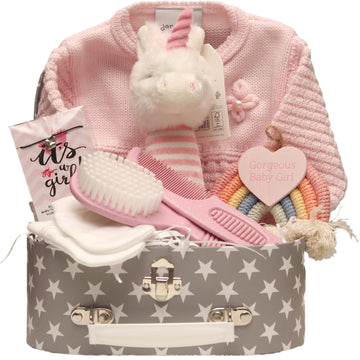 Pink Baby Girl Gift Hamper With Clothing, Plush Unicorn, Brush Set, And Star-Print Keepsake Box