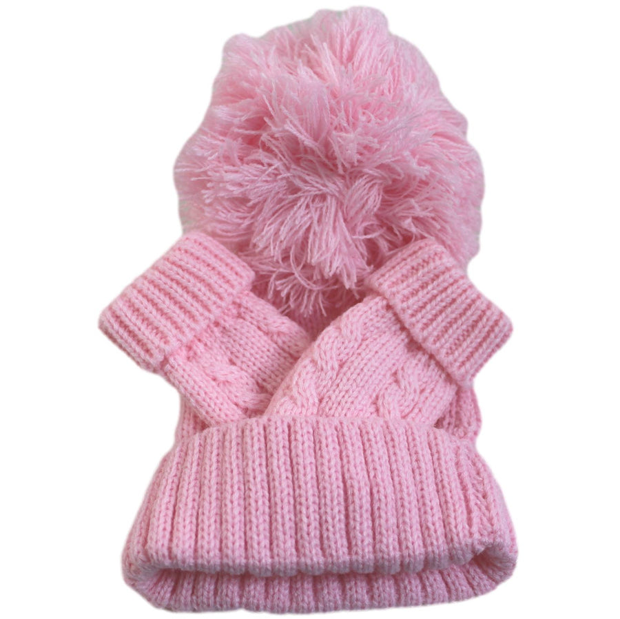Pink Baby Girl Pompom Hat and Mittens
