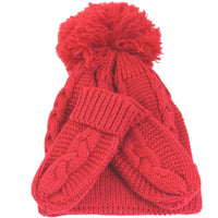 Red Cable Knit Bobble Hat and Mittens