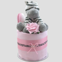 Cute Baby Girl Nappy Cake with Zebra Toy and Pink Brush and Comb Set