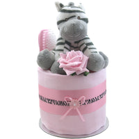 Cute Baby Girl Nappy Cake with Zebra Toy and Pink Brush and Comb
