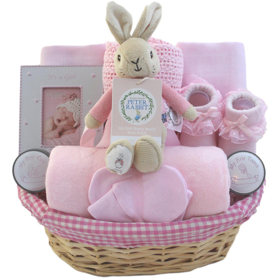 Flopsy Bunny Baby Girl Gift Basket with Three Piece Gift Set