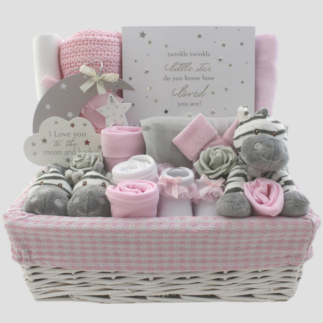 Luxury Grey, Pink and White Baby Girl Gift Basket